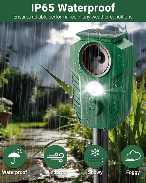 Solar Ultrasonic Deer Repellent With Motion Sensor And Led Flashing Lights For Outdoor Yard Garden And Lawn Keep Deer Cats Raccoons Coyotes And Dogs Away With Waterproof Weatherproof Design, IP65 waterproof in rain