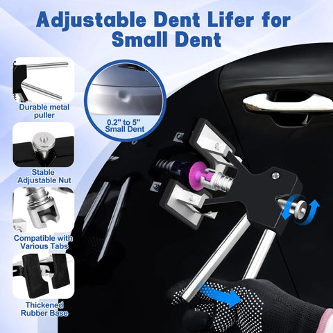All In One 140 Piece Car Dent Removal Kit With T Bar Slide Hammer Bridge Puller Dent Lifter Suction Cups Glue Gun Tap Down Pen 100 Plus Puller Tabs For Easy DIY Dent Repair Of Dents Hail Damage And Door Dings adjustable dent lifter for small dents