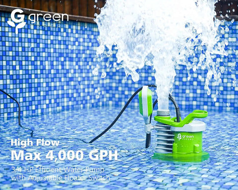 Submersible Sump Pump 3/4 HP Heavy Duty High Flow 4000 GPH With Adjustable Float Switch Manual Automatic, in action removing water from pool