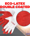 Non Slip Work Gloves For Construction And Garden With Red Latex Cotton And Nitrile Palm Coating Breathable 100 Pair Pack displayed.
