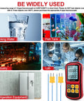 Dual Channel Digital Thermometer With Two K Type Thermocouple Probes Backlit LCD Display Great For DIY Temp Nerds shown with usage examples: drinking water, fish tank, industry, lab, refrigeration equipment.