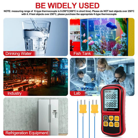 Dual Channel Digital Thermometer With Two K Type Thermocouple Probes Backlit LCD Display Great For DIY Temp Nerds shown with usage examples: drinking water, fish tank, industry, lab, refrigeration equipment.