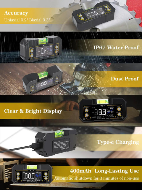 No Fuss Wireless Digital Angle Finder Tool With Dual Axis Alignment And Spot On Accuracy featuring clear display and magnetic base.