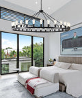 Massive Black Wagon Wheel Chandelier, 64 Inch, 30-Light Farmhouse Round Industrial Ceiling Light Fixture in modern bedroom setting