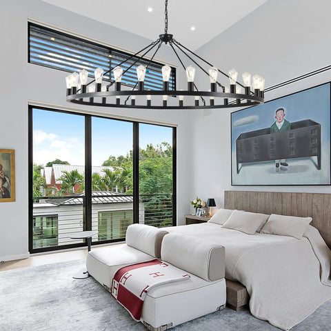 Massive Black Wagon Wheel Chandelier, 64 Inch, 30-Light Farmhouse Round Industrial Ceiling Light Fixture in modern bedroom setting