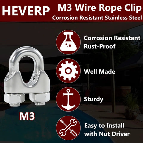 Close-up of M3 stainless steel wire rope clip with corrosion resistance for DIY rigging, 20 Pcs 1/8 Inch M3 Stainless Steel Wire Rope Cable Clips Clamp Set For DIY Rigging Handyman Projects Durable Corrosion Resistant Alloy Clips For Securing Cables And Hangers.
