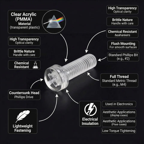 Hella Slick M4 X 10mm Clear Acrylic Plastic Screw showing countersunk head and smooth threads, used for electronics and PC builds.