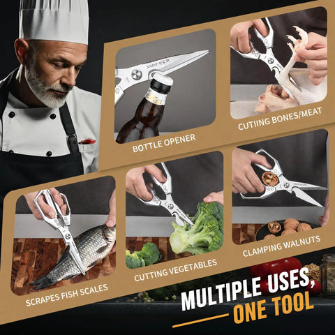 Heavy Duty Kitchen Scissors Workhorse For All Purpose Food Prep, Sturdy Cooking Shears For Meat And Poultry, Stainless Steel Blades, Full Metal Aluminum Handle, Durable And Easy To Clean, Versatile Kitchen Tool For Everyday Use shown cutting meat, fish, vegetables