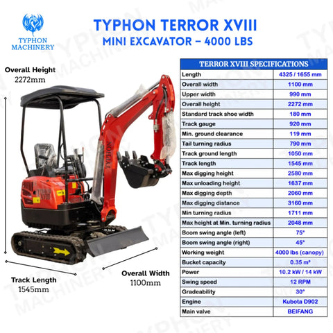 Compact 4,000 Lb Terror XVIII Mini Excavator Diesel Machine For Gardens, Farms, Parks And Roads specifications chart