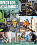 Collage of workers using power tools in construction and maintenance scenarios, highlighting versatility and range of applications.