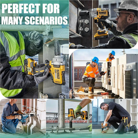 Collage of workers using power tools in construction and maintenance scenarios, highlighting versatility and range of applications.