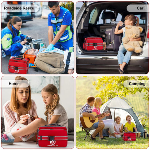 GEVOKE 500-piece professional emergency first aid kit in a red bag; used for roadside rescue, car, home, and camping.