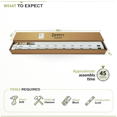 No Dig Washington Fence Kit With White Vinyl Picket Panels box showing dimensions and assembly tools required