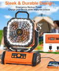 Portable 20000mAh Rechargeable Camping Fan With LED Light Remote USB C and USB A Charging 4 Speeds Timer Hanging Hook
