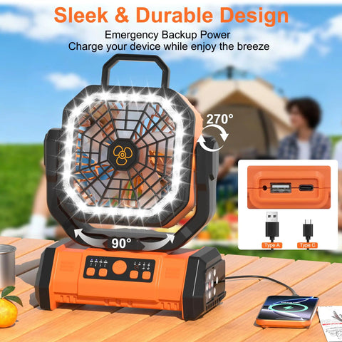 Portable 20000mAh Rechargeable Camping Fan With LED Light Remote USB C and USB A Charging 4 Speeds Timer Hanging Hook