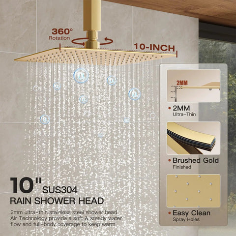Legit Top Shelf Gold Shower System With Heavy Duty All Metal Dual Rainfall Ceiling And Wall Mount Handheld Sprayer Featuring Quick Push Button Diverter Valve For Solid Fresh Bathroom Refresh Project Upgrade