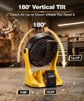 Cordless 20V Jobsite Fan With Infinite Speed, 180 Degree Tilt, Ring Light, USB C, shown in workshop with size dimensions.