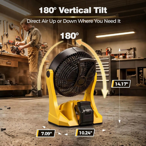 Cordless 20V Jobsite Fan With Infinite Speed, 180 Degree Tilt, Ring Light, USB C, shown in workshop with size dimensions.