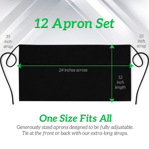 Black Pro Waist Apron With 3 Pockets For Servers And Waitstaff dimensions illustration, showing 35 inch straps, 24 inch width