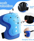 Kids Protective Gear Set With Knee Pads Elbow Pads And Wrist Guards For Roller Skating Riding Cycling BMX Skateboarding And Scooters Youth Size Small Blue showcasing blue knee pad with breathable fabric and velcro strap.