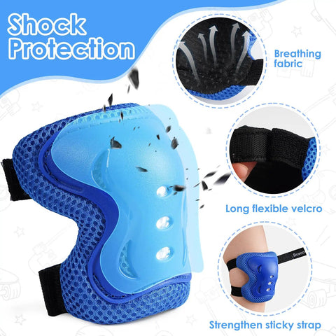 Kids Protective Gear Set With Knee Pads Elbow Pads And Wrist Guards For Roller Skating Riding Cycling BMX Skateboarding And Scooters Youth Size Small Blue showcasing blue knee pad with breathable fabric and velcro strap.