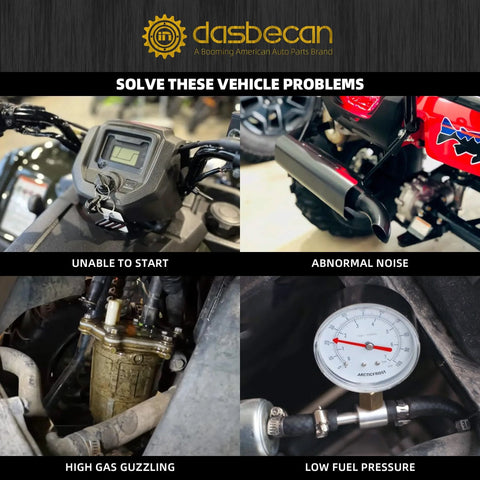Four images showing vehicle dashboard, exhaust, fuel pump, and pressure gauge with text highlighting common vehicle issues.