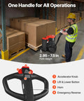 Operator using VEVOR Electric Pallet Jack Truck with 27x48 in steel forks in warehouse. Fork height adjustment visible.