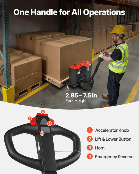 Operator using VEVOR Electric Pallet Jack Truck with 27x48 in steel forks in warehouse. Fork height adjustment visible.