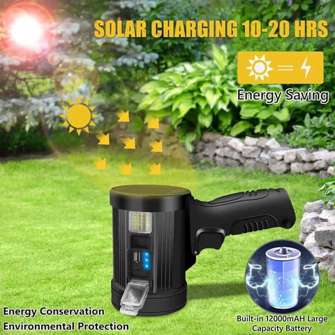 Beast 1 Million Lumens Spotlight With Solar Charging, showing solar panels and power indicator, outdoor setting