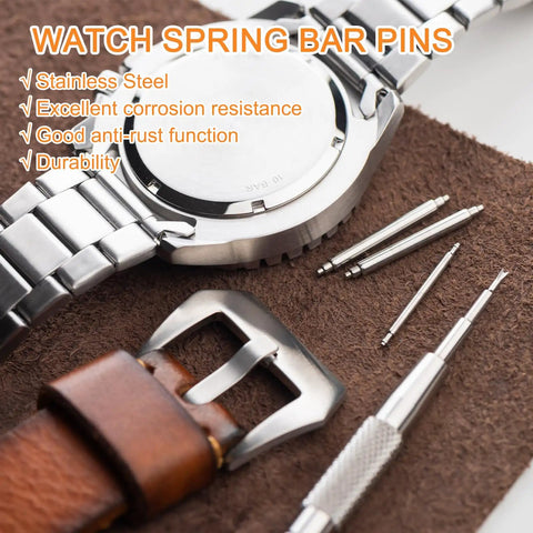 Heavy Duty Full 8PC Set Stainless Steel Watch Spring Bar Pins 1.5X18MM on leather strap and watch for quick strap swaps.