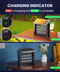 Solar Powered Bug Zapper For Backyard And Outdoors, Waterproof Mosquito And Fly Killer on table, charging indicator shown