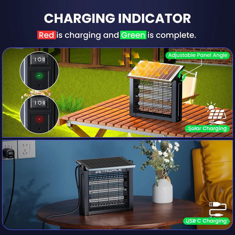 Solar Powered Bug Zapper For Backyard And Outdoors, Waterproof Mosquito And Fly Killer on table, charging indicator shown