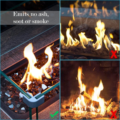 Comparison of Copper Reflective Fire Glass 10 Lbs For Propane Fire Pit with traditional logs and rocks showing no smoke or ash.