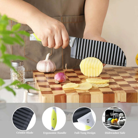 Side view of VRUIFA crinkle fry cutter with non-slip ergonomic handle slicing a potato on a wooden board