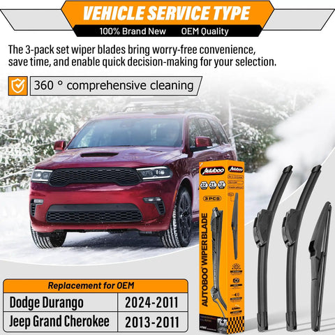 22 Inch Front Wipers And 21 Inch Rear Wiper Blade Replacement For Dodge Durango 2011-2024 And Jeep Grand Cherokee 2011-2013 showcase