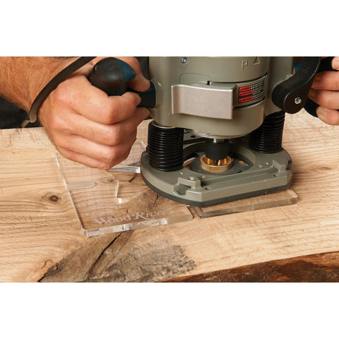 Using Straight Up Butterfly Router Inlay Template Machined From Thick Clear Acrylic with plunge router on wood surface.