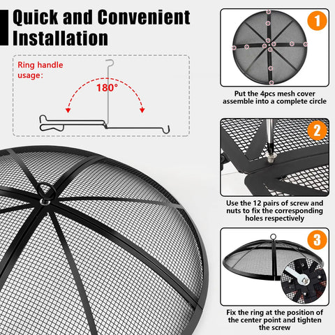 Installation guide for 36 Inch Round Fire Pit Screen With Handle And Poker, showcasing assembly and handle usage.