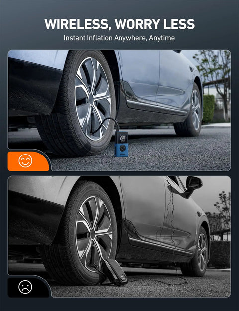 On The Go Portable Tire Inflator L7S Cordless Air Compressor inflating car tire with digital display visible