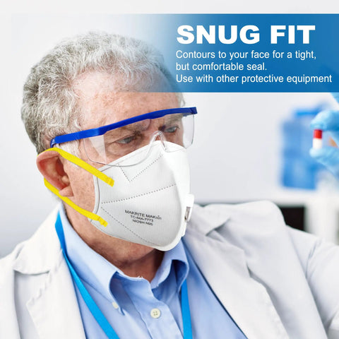 Man wearing NIOSH Approved N95 Respirator Mask 10 Pack With Breathing Valve For Job Sites And Cleanups, Heavy Duty Dust And Smoke Filter