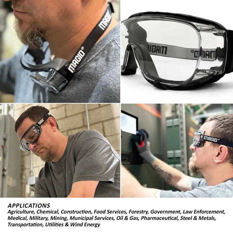 Clear Anti Fog Safety Goggles With Over The Glasses Fit And Ansi Z87 Plus Impact Certified Protection For Hardcore Shop Tasks And Industrial Job Sites 36 Pair worn by a worker in a shop.