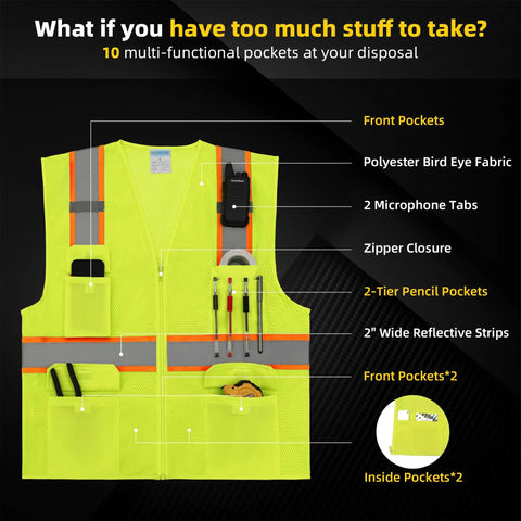 High Visibility Mesh Safety Vest with 10 Pockets, Mic Tabs, Front Zip Closure, Reflective Strips for Men and Women, Yellow