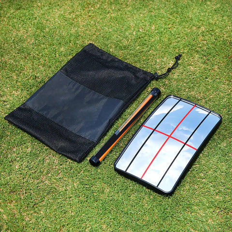 Golf Swing Correction Glasses With Indicator Rod For Putting And Full Swing Training Posture Feedback Eyewear shown on grass with bag