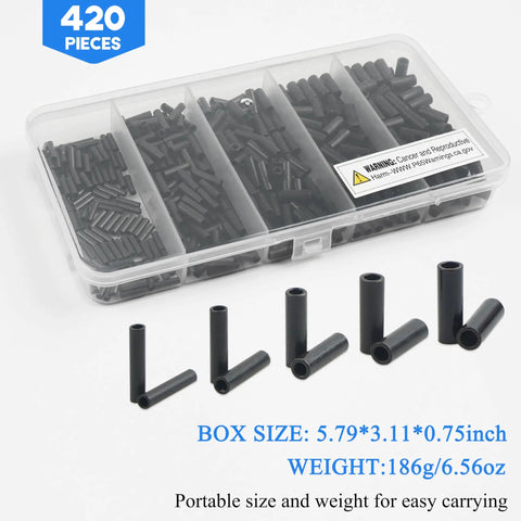 420 Piece Fishing Crimp Sleeves Kit With Copper Brass Single Barrel Crimping Sleeves in transparent box, black finish visible