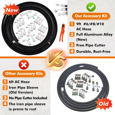 Air Conditioning Hose And Fittings Kit 26-Piece Set With 9.5-Foot Hoses In Sizes 6, 8 And 10 Includes Fittings And Pipe Cutter