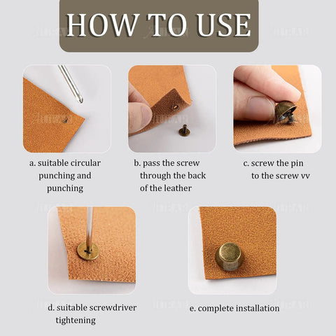 Step-by-step guide showing how to use Thirty Pack Screw Back Rivet Studs Zinc Alloy Nail Head for leather projects.
