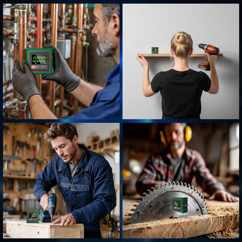 Digital Angle Finder With Laser And Magnetic 4-Side Inclinometer, Pro Grade Precision, ±0.1° Accuracy, 0.05° Resolution, Backlit Display, Measures Degrees And Percent, Fast One-Hand Operation, Built For Builders And DIY Pros on pipe, shelf, wood and saw setups