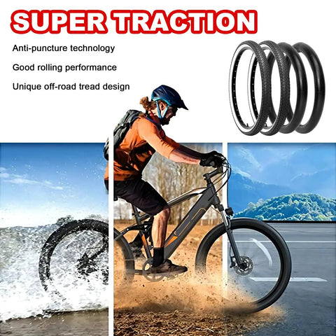 Cyclist riding bike with 2 Pack 26 By 2Point125 Inch Folding Bicycle Tires With 26 Inch Inner Tubes And Tire Levers Included