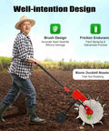 Man using Walk Behind Hand Push Seeder With Ten Equidistant Nozzles, Garden Row Crop Planter in field under clear sky