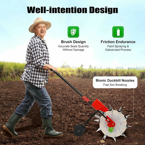 Man using Walk Behind Hand Push Seeder With Ten Equidistant Nozzles, Garden Row Crop Planter in field under clear sky