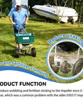 Man using spreader with N2320 Spreader Impeller For Lesco 101186 091186 705699 High Wheel And 092807 Push Spreader, close-up inset showing impeller in use